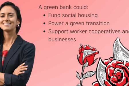 Digital flier for the Green Bank SF initiative. Image has Jackie Fielder and a stylized rose with alternating petals and dollar bills.